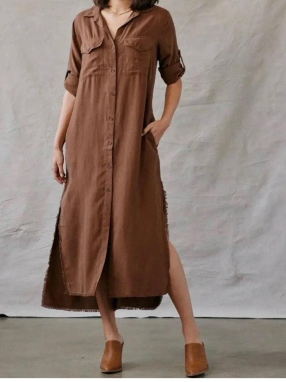Anthropologie Brown Fringe Slit Hem Button Shirt Maxi Dress
